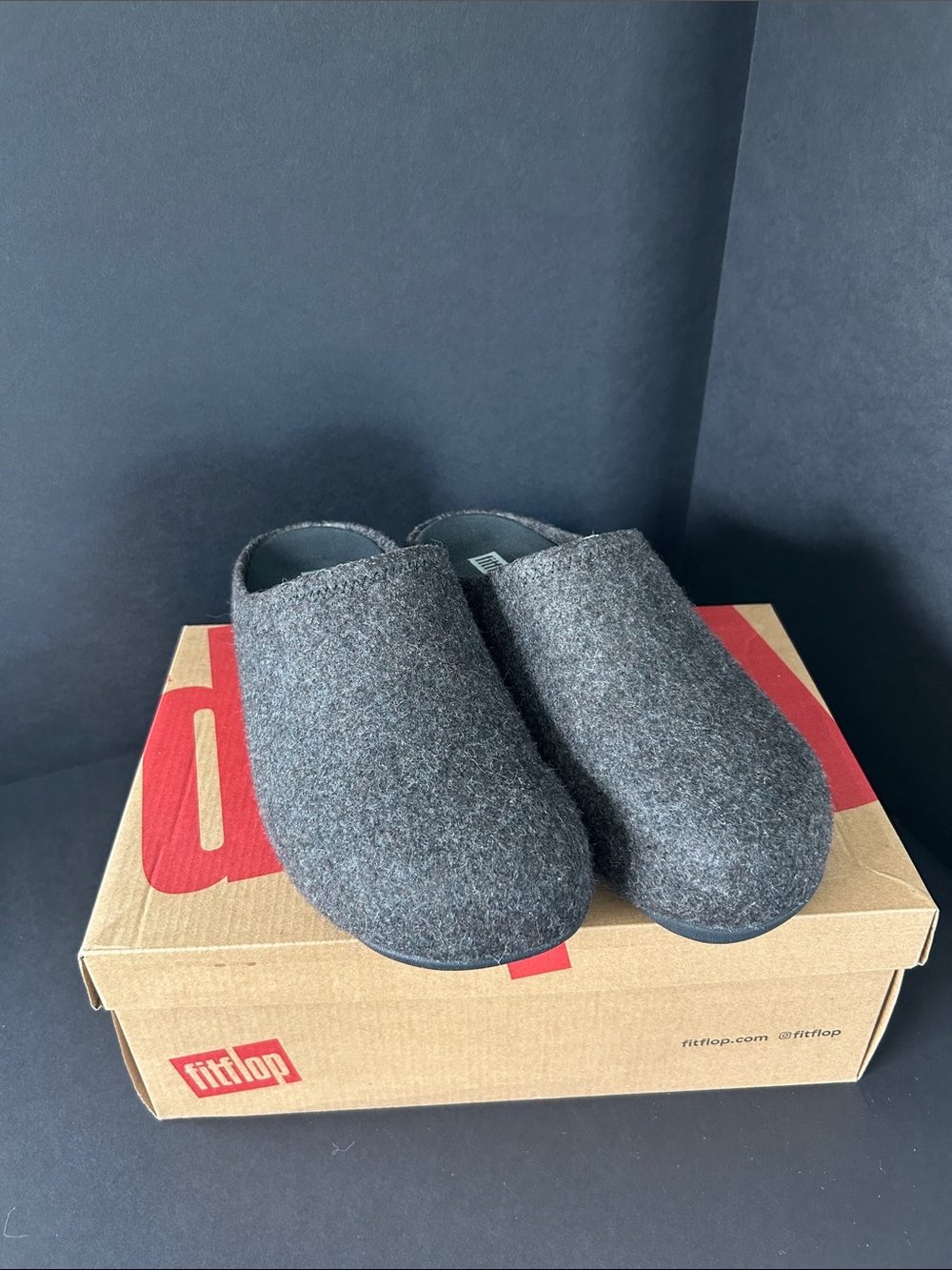 Fitflop Women’s Shuv Felt Clog Slippers in Dark Gray Size US09